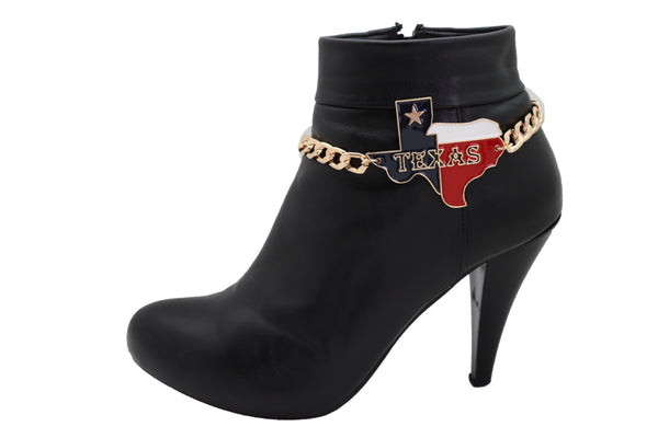 Women Gold Metal Chain Boot Bracelet Western Shoe Texas State Map Charm Anklet Comfortable Strap