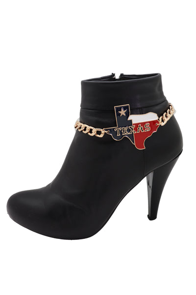 Women Gold Metal Chain Boot Bracelet Western Shoe Texas State Map Charm Anklet Comfortable Strap