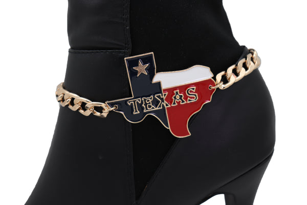 Women Gold Metal Chain Boot Bracelet Western Shoe Texas State Map Charm Anklet Comfortable Strap