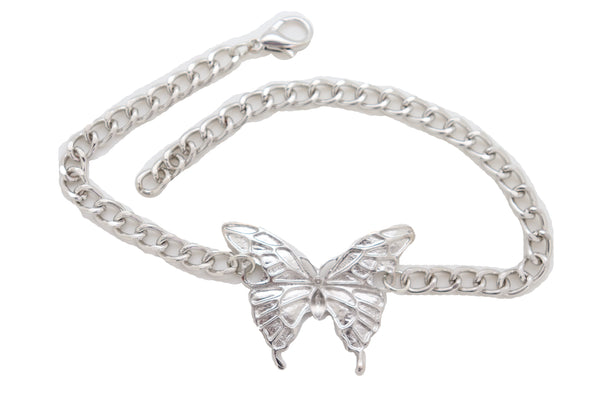 Women Silver Chain Links Boot Bracelet Anklet Shoe Butterfly Charm Bling Jewelry Pretty Look