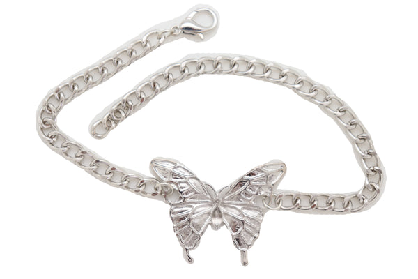 Women Silver Chain Links Boot Bracelet Anklet Shoe Butterfly Charm Bling Jewelry Pretty Look