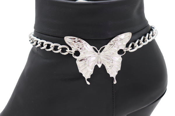 Women Silver Chain Links Boot Bracelet Anklet Shoe Butterfly Charm Bling Jewelry Pretty Look
