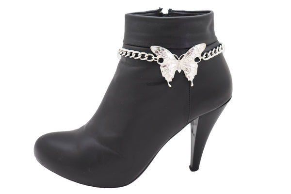 Women Silver Chain Links Boot Bracelet Anklet Shoe Butterfly Charm Bling Trendy Fashion Jewelry