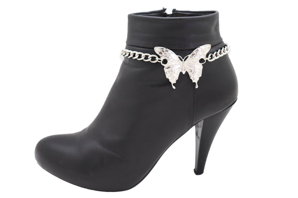 Women Silver Chain Links Boot Bracelet Anklet Shoe Butterfly Charm Bling Jewelry Pretty Look