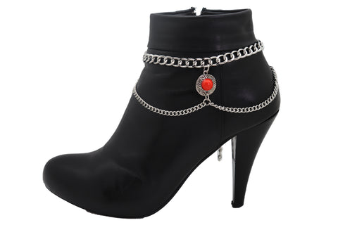 Brand New Women Silver Metal Chain Western Boot Bracelet Shoe Anklet Ethnic Coin Red Charm
