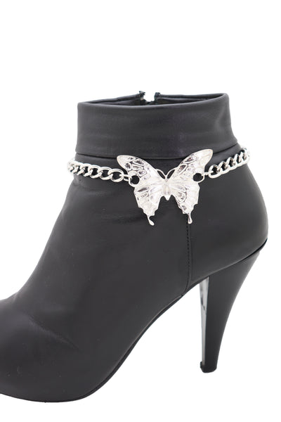 Women Silver Chain Links Boot Bracelet Anklet Shoe Butterfly Charm Bling Jewelry Pretty Look