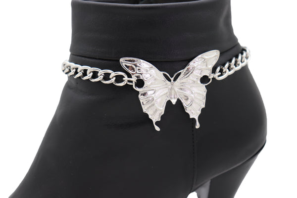 Women Silver Chain Links Boot Bracelet Anklet Shoe Butterfly Charm Bling Jewelry Pretty Look