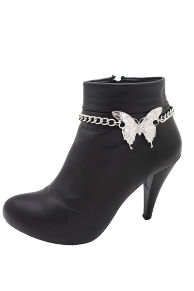 Women Silver Chain Links Boot Bracelet Anklet Shoe Butterfly Charm Bling Trendy Fashion Jewelry