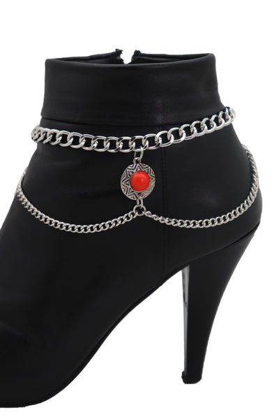 Brand New Women Silver Metal Chain Western Boot Bracelet Shoe Anklet Ethnic Coin Red Charm