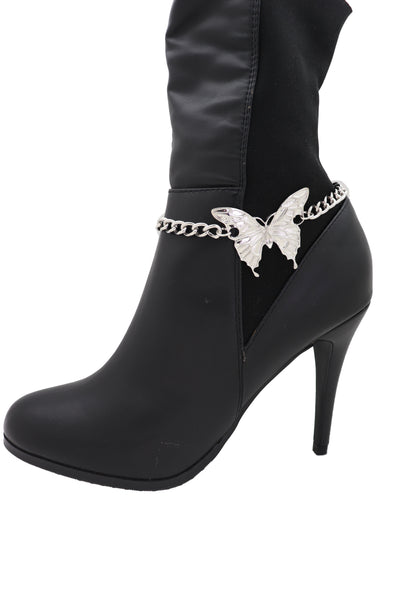Women Silver Chain Links Boot Bracelet Anklet Shoe Butterfly Charm Bling Jewelry Pretty Look