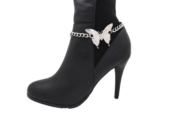 Women Silver Chain Links Boot Bracelet Anklet Shoe Butterfly Charm Bling Jewelry Pretty Look