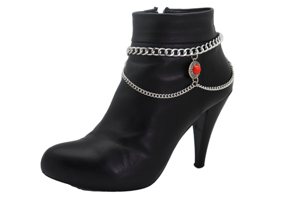 Brand New Women Silver Metal Chain Western Boot Bracelet Shoe Anklet Ethnic Coin Red Charm