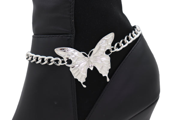 Women Silver Chain Links Boot Bracelet Anklet Shoe Butterfly Charm Bling Jewelry Pretty Look