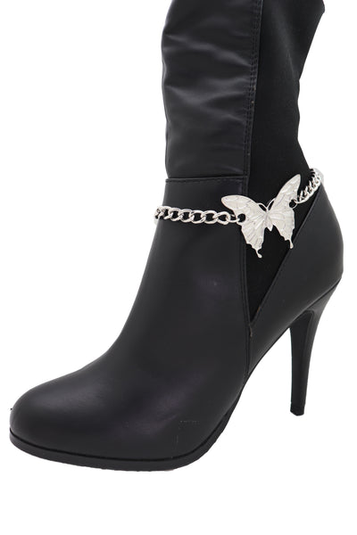 Women Silver Chain Links Boot Bracelet Anklet Shoe Butterfly Charm Bling Jewelry Pretty Look
