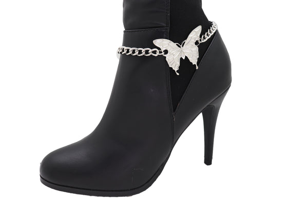 Women Silver Chain Links Boot Bracelet Anklet Shoe Butterfly Charm Bling Jewelry Pretty Look