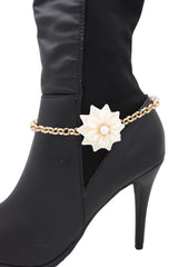 Women Gold Metal Western Boot Chain Bracelet Shoe Anklet Big Cream Flower Charm Adjustable Band One Size