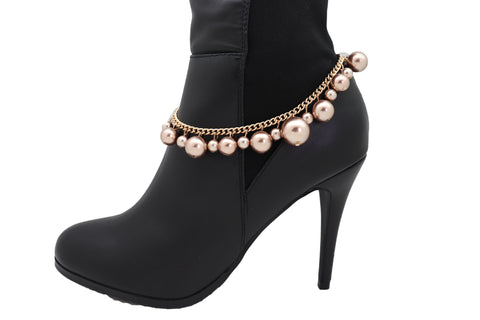 Brand New Women Gold Metal Chain Boot Bracelet Anklet Shoe Bronze Pearl Bead Charm Jewelry