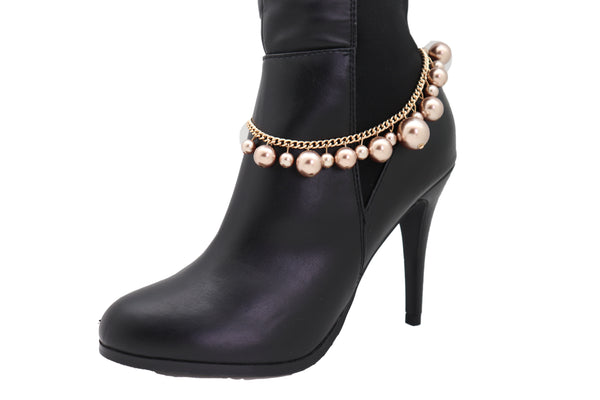 Women Gold Metal Chain Boot Bracelet Anklet Shoe Bronze Pearl Bead Charm Elegant Fashion Jewelry
