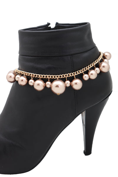 Women Gold Metal Chain Boot Bracelet Anklet Shoe Bronze Pearl Bead Charm Elegant Fashion Jewelry
