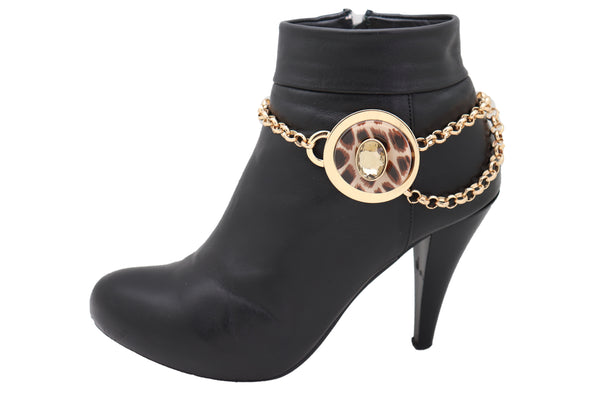 Women Gold Metal Chain Artsy Boot Bracelet Shoe Animal Print Bling Charm Leopard Anklet