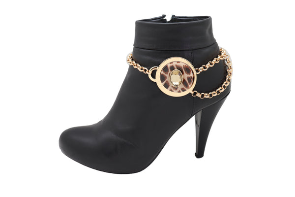 Women Gold Metal Chain Artsy Boot Bracelet Shoe Animal Print Bling Charm Leopard Anklet