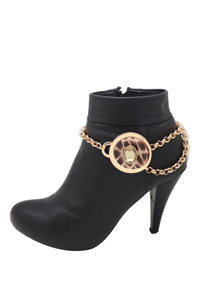 Women Gold Metal Chain Artsy Boot Bracelet Shoe Animal Print Bling Charm Leopard Anklet