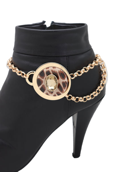 Women Gold Metal Chain Artsy Boot Bracelet Shoe Animal Print Bling Charm Leopard Anklet