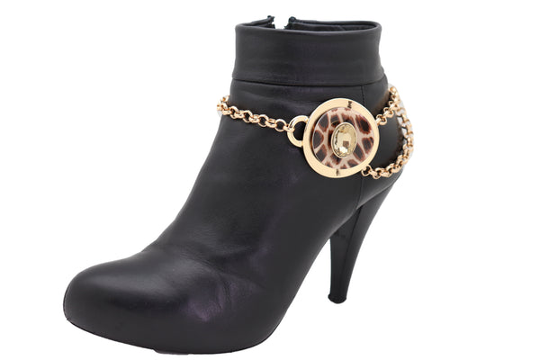 Women Gold Metal Chain Artsy Boot Bracelet Shoe Animal Print Bling Charm Leopard Anklet