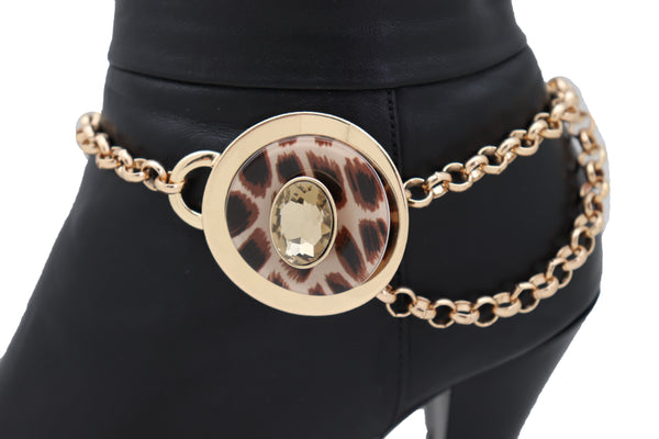 Women Gold Metal Chain Artsy Boot Bracelet Shoe Animal Print Bling Charm Leopard Anklet