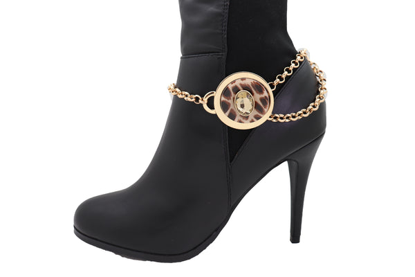 Women Gold Metal Chain Artsy Boot Bracelet Shoe Animal Print Bling Charm Leopard Anklet