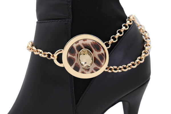 Women Gold Metal Chain Artsy Boot Bracelet Shoe Animal Print Bling Charm Leopard Anklet