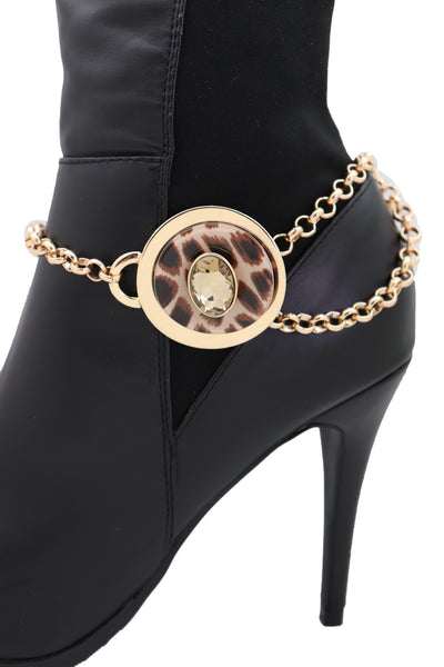 Women Gold Metal Chain Artsy Boot Bracelet Shoe Animal Print Bling Charm Leopard Anklet