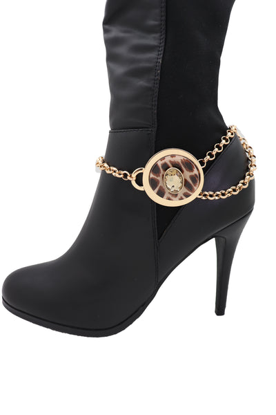 Women Gold Metal Chain Artsy Boot Bracelet Shoe Animal Print Bling Charm Leopard Anklet