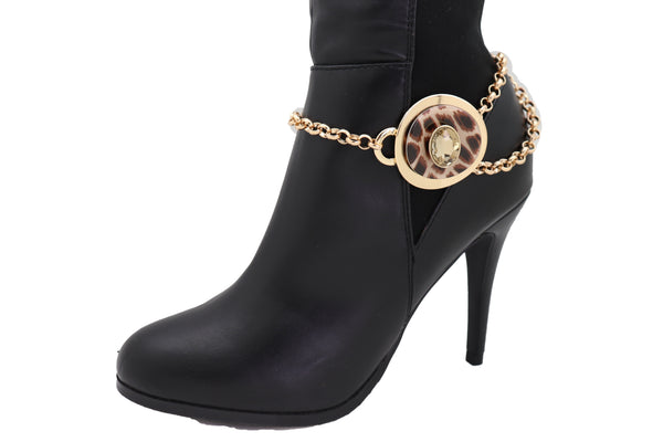 Women Gold Metal Chain Artsy Boot Bracelet Shoe Animal Print Bling Charm Leopard Anklet