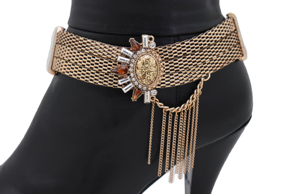 Women Gold Mesh Metal Chain Boot Bracelet Shoe Sun Bling Charm Tassel Anklet Artsy Bohemian Look