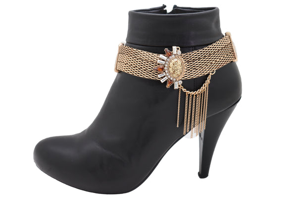 Women Gold Mesh Metal Chain Boot Bracelet Shoe Sun Bling Charm Tassel Anklet Artsy Bohemian Look