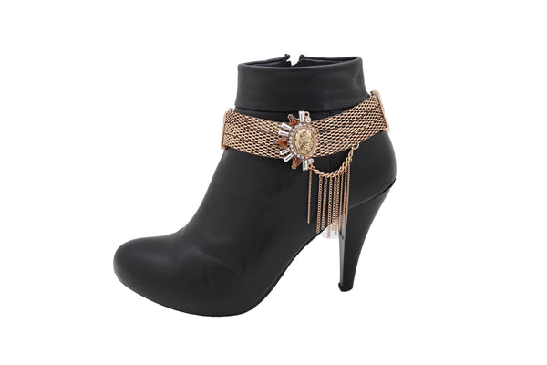 Women Gold Mesh Metal Chain Boot Bracelet Shoe Sun Bling Charm Tassel Anklet Artsy Bohemian Look