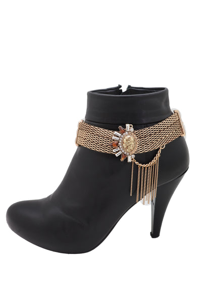 Women Gold Mesh Metal Chain Boot Bracelet Shoe Sun Bling Charm Tassel Anklet Artsy Bohemian Look