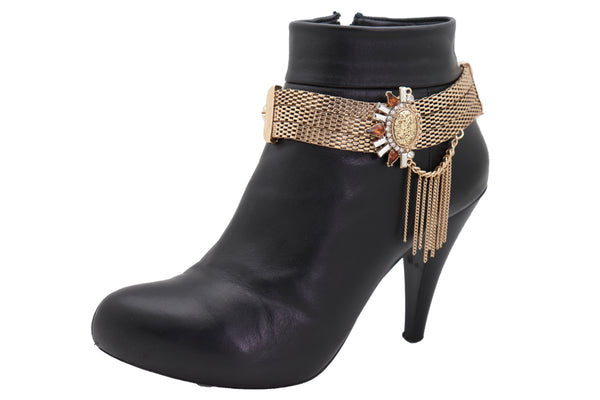 Women Gold Mesh Metal Chain Boot Bracelet Shoe Sun Bling Charm Tassel Anklet Artsy Bohemian Look