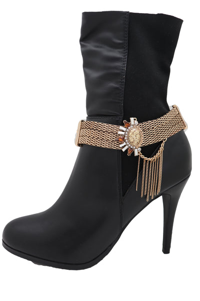 Women Gold Mesh Metal Chain Boot Bracelet Shoe Sun Bling Charm Tassel Anklet Artsy Bohemian Look