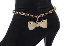 Women Gold Metal Chain Boot Bracelet Shoe Bow Tie Ribbon Charm Elegant Holidays Gift