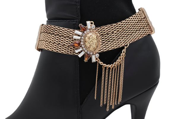 Women Gold Mesh Metal Chain Boot Bracelet Shoe Sun Bling Charm Tassel Anklet Artsy Bohemian Look