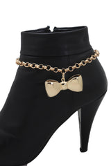 Women Gold Metal Chain Boot Bracelet Shoe Bow Tie Ribbon Charm Elegant Holidays Gift