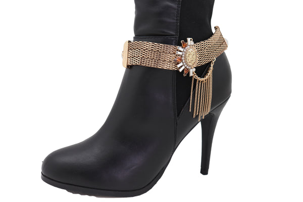 Women Gold Mesh Metal Chain Boot Bracelet Shoe Sun Bling Charm Tassel Anklet Artsy Bohemian Look