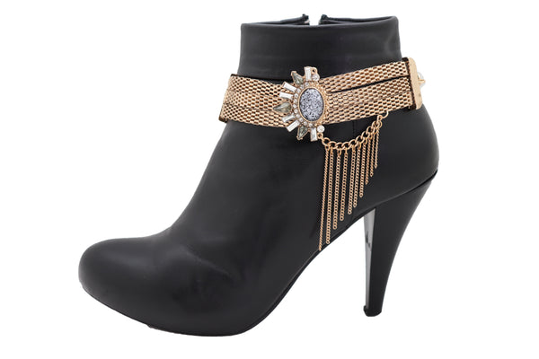 Women Gold Mesh Metal Chain Boot Bracelet Shoe Ethnic Sun Flower Charm Jewelry Adjustable Size Band
