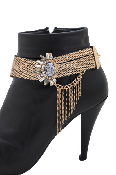 Women Gold Mesh Metal Chain Boot Bracelet Shoe Ethnic Sun Flower Charm Jewelry Adjustable Size Band