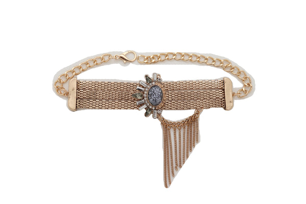 Women Gold Mesh Metal Chain Boot Bracelet Shoe Ethnic Sun Flower Charm Jewelry Adjustable Size Band