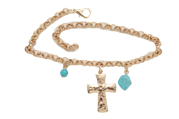 Women Gold Metal Chain Boot Bracelet Anklet Shoe Cross Charm Turquoise Blue Color Beads