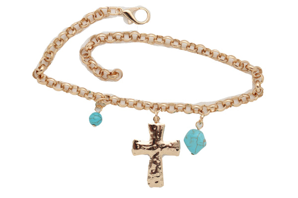 Women Gold Metal Chain Boot Bracelet Anklet Shoe Cross Charm Turquoise Blue Color Beads