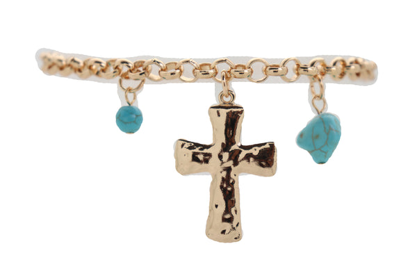 Women Gold Metal Chain Boot Bracelet Anklet Shoe Cross Charm Turquoise Blue Color Beads